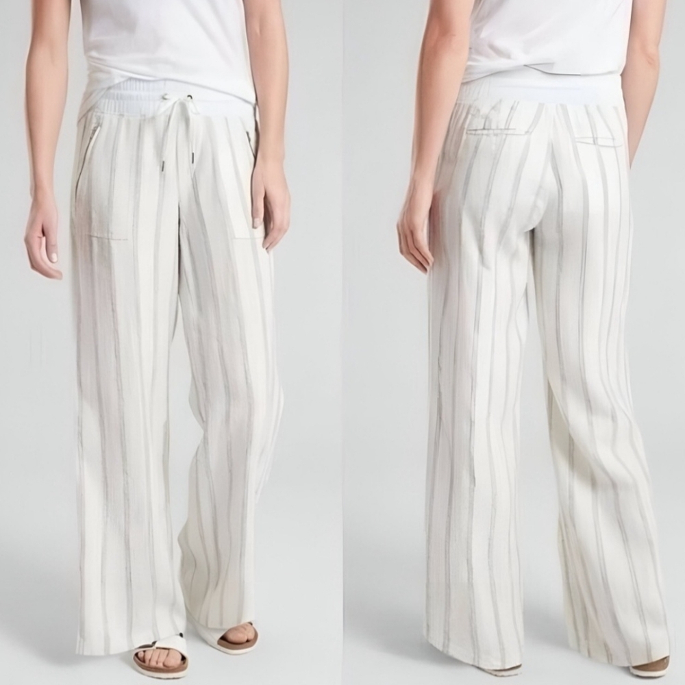 Athleta Cream Wide-Leg Striped Pants